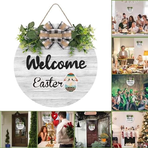 Interchangeable Wooden Seasonal Welcome Sign, Rustic Round Welcome Front Door - Picture 8 of 8